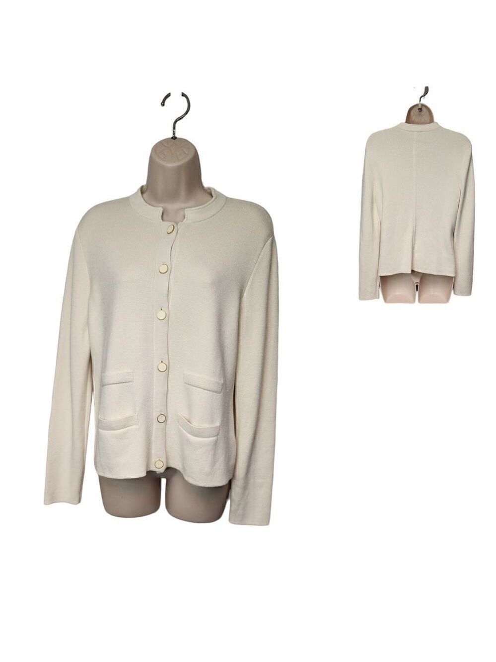 Talbots Women's Knit Cardigan Sweater Pockets Collarless Long Sleeve PM Ivory